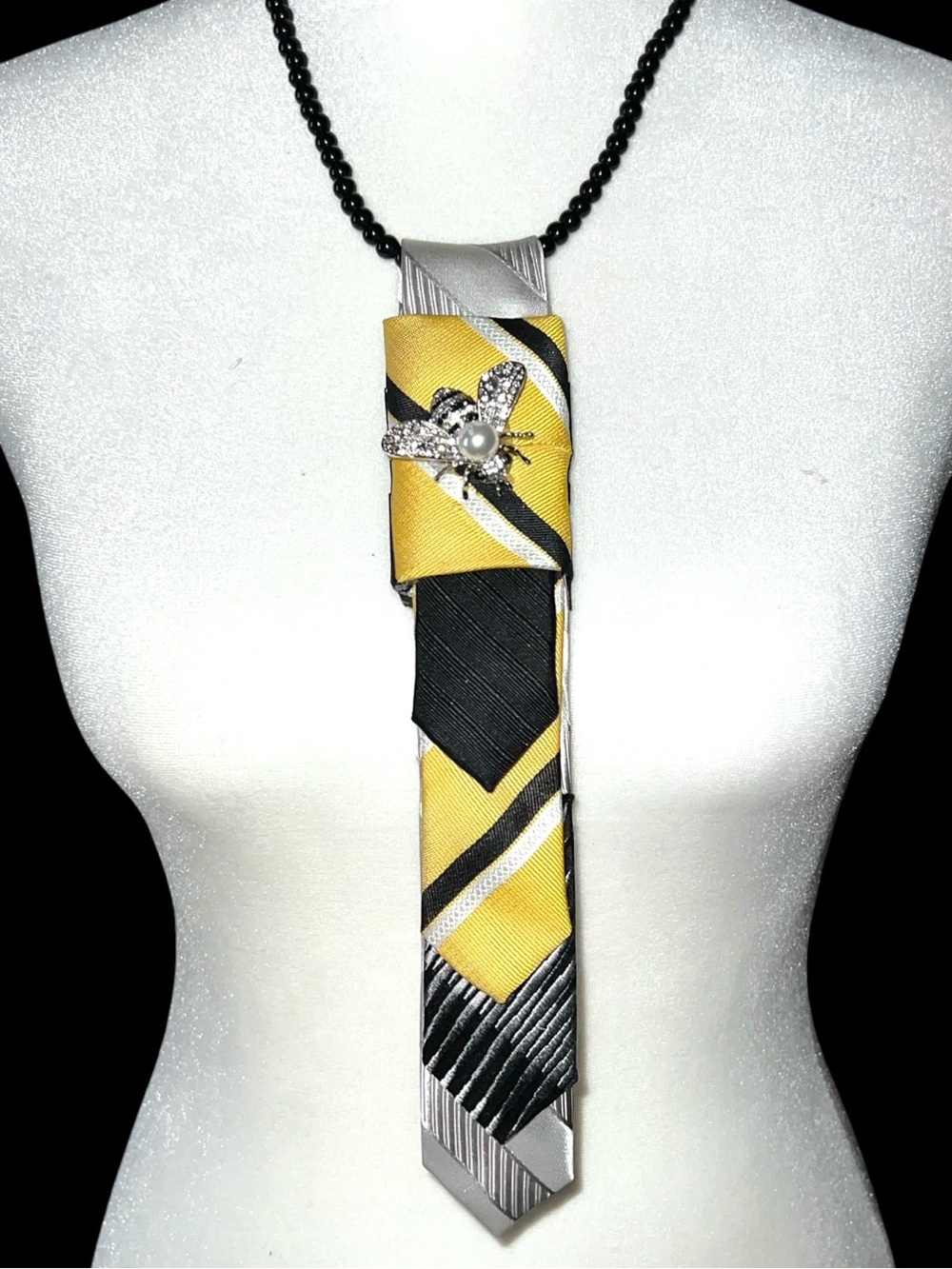 Yellow and Black Tie Pendant Necklace with Crystal Bee Accent
